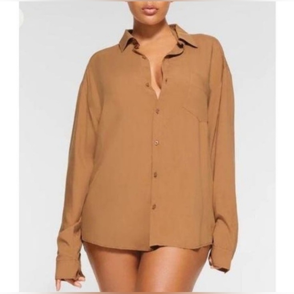 SKIMS Cover Up Long Sleeve Ochre Button Up Shirt